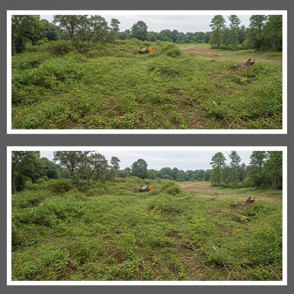A side-by-side comparison of a land clearing project, vividly showing the transformation from overgrown to cleared