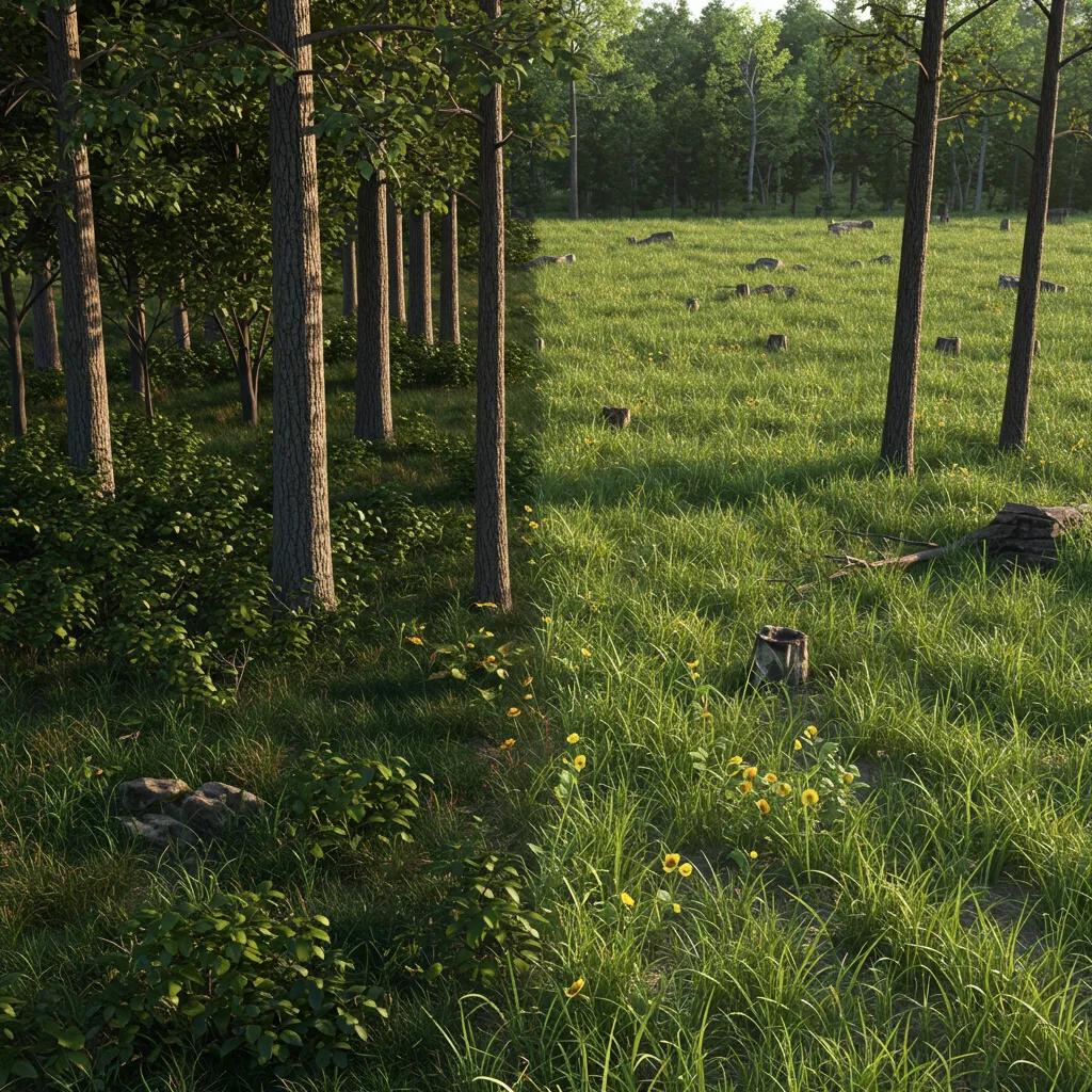 Visual comparison of dense forest versus light brush for land clearing