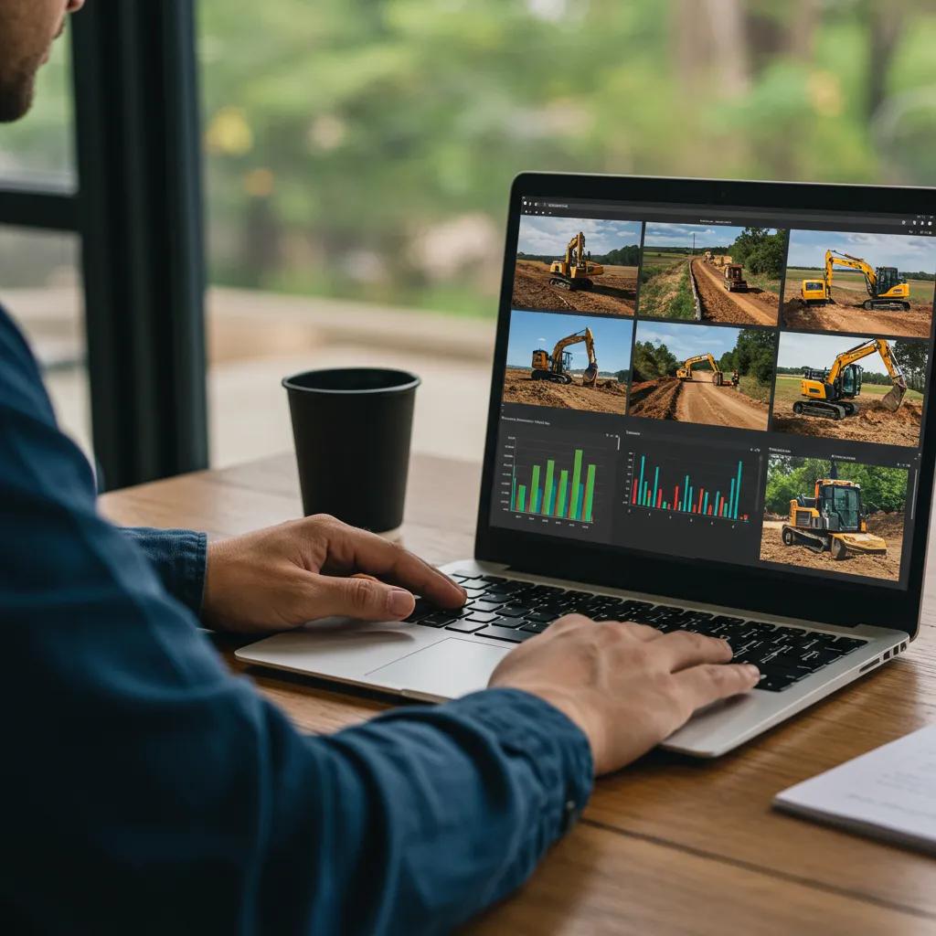 Contractor analyzing lead generation strategies with marketing analytics on a laptop