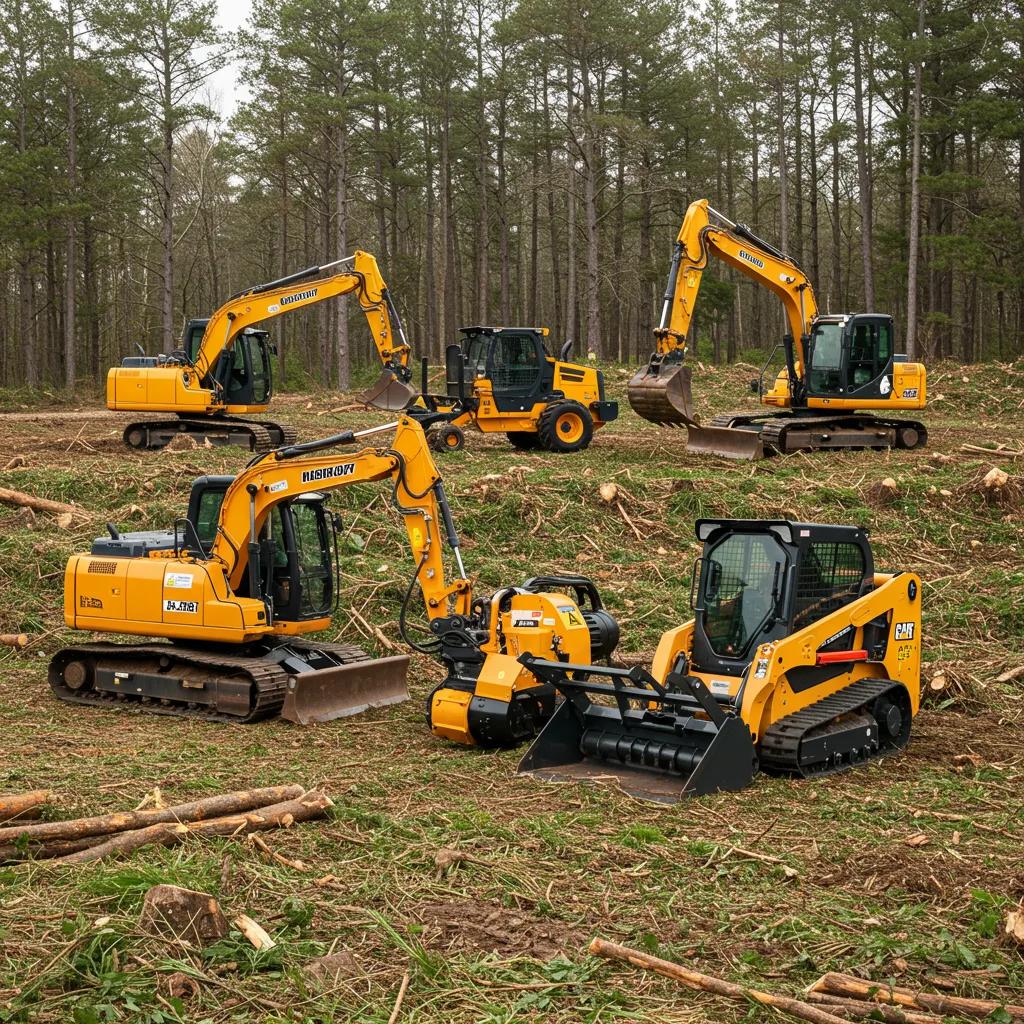 Various land clearing machines lined up, ready for deployment