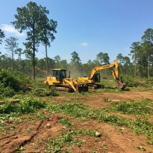 Land clearing machinery in action removing dense vegetation under a clear blue sky