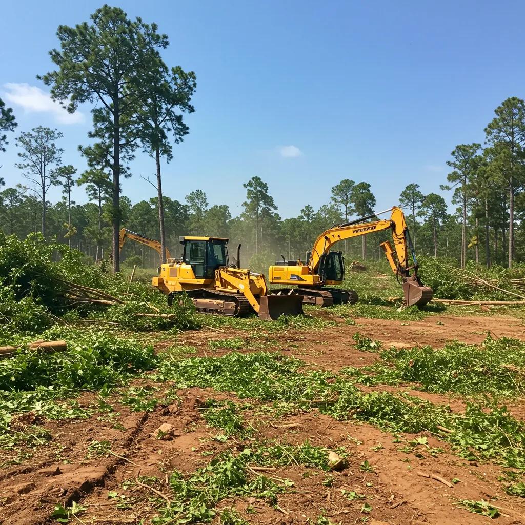Land clearing machinery in action removing dense vegetation under a clear blue sky