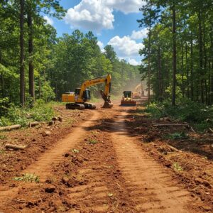 Land clearing machinery in action transforming a wooded area into a cleared site