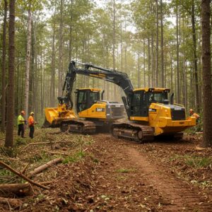 Land clearing operation with heavy machinery and workers in a forested area