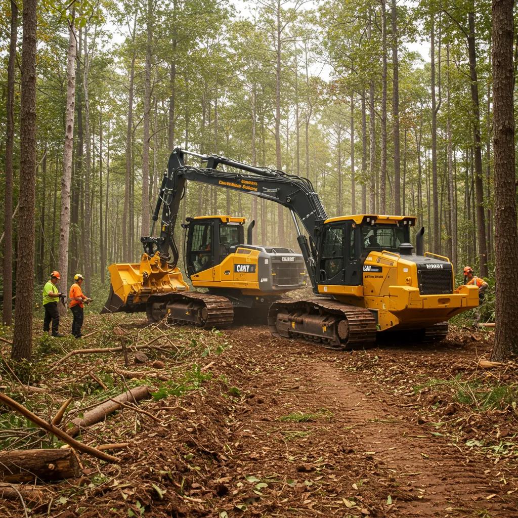 Land clearing operation with heavy machinery and workers in a forested area