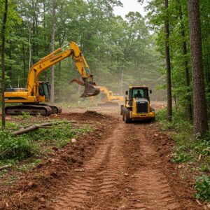 Land clearing operation with heavy machinery transforming a wooded area