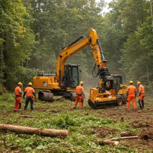 Professional land clearing crew using modern equipment in a lush landscape