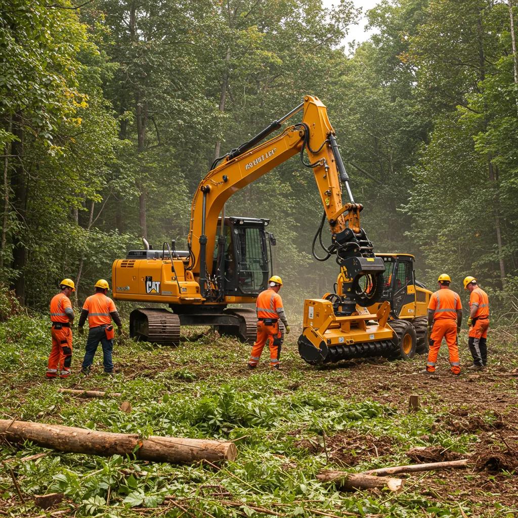 Professional land clearing crew using modern equipment in a lush landscape