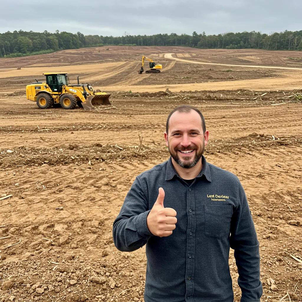 A happy client gives a thumbs-up in front of a newly cleared property, demonstrating successful land clearing