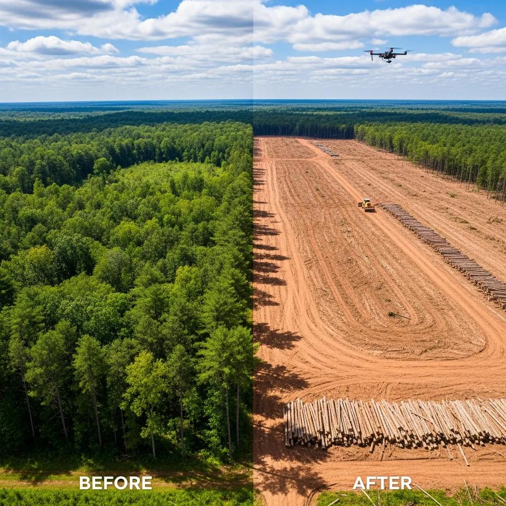 Aerial before/after view of a cleared site — example of drone content used in marketing