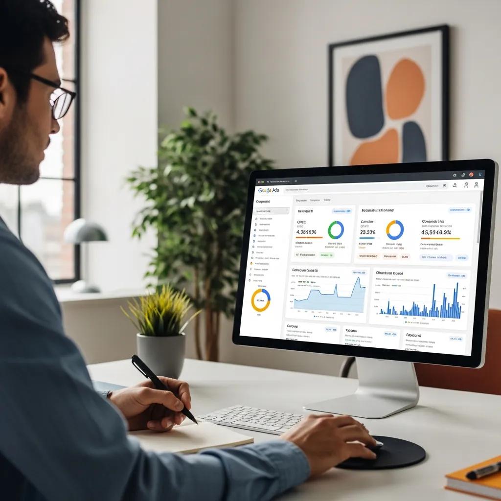 Marketer reviewing Google Ads performance metrics for a land clearing company