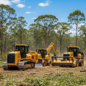 Land clearing machinery in action, showcasing the transformation of a wooded area