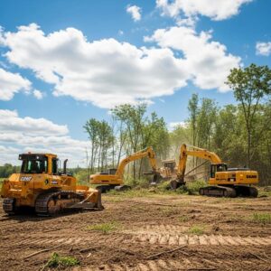 Land clearing operation with heavy machinery in a sunny environment, representing growth in marketing trends