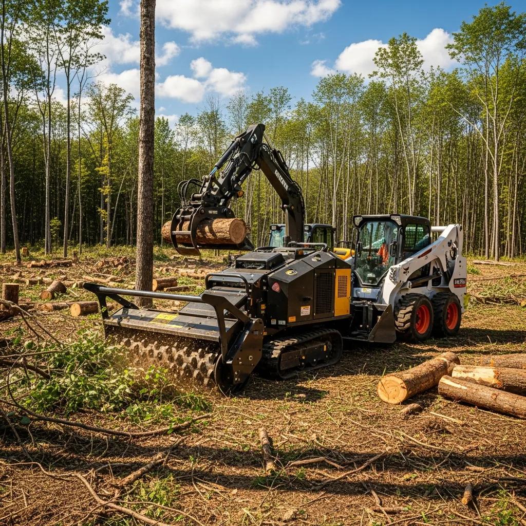 Land clearing operation with heavy machinery in action, showcasing forestry mulcher and skid steer loader
