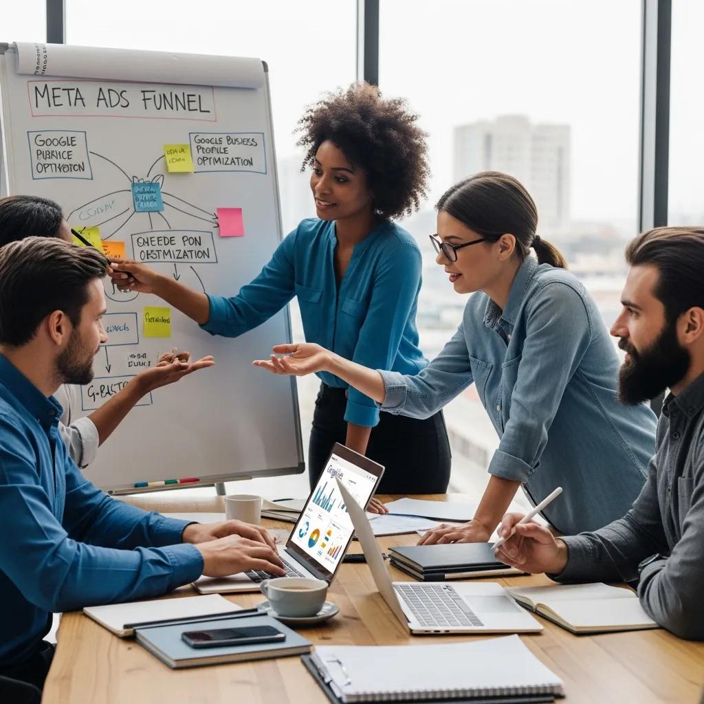 Team collaborating on Meta ads and Google Business Profile tactics