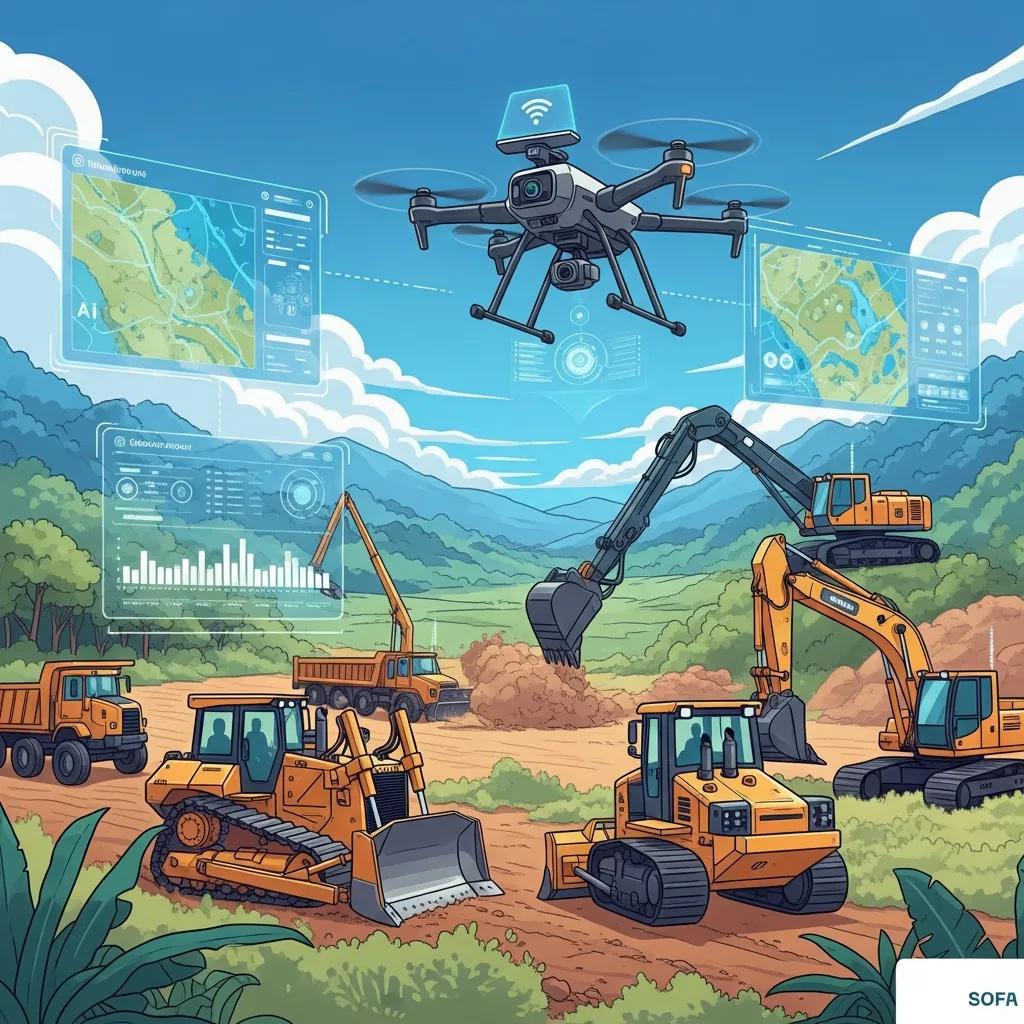 Modern land clearing operation with drones and heavy machinery showcasing advanced technology