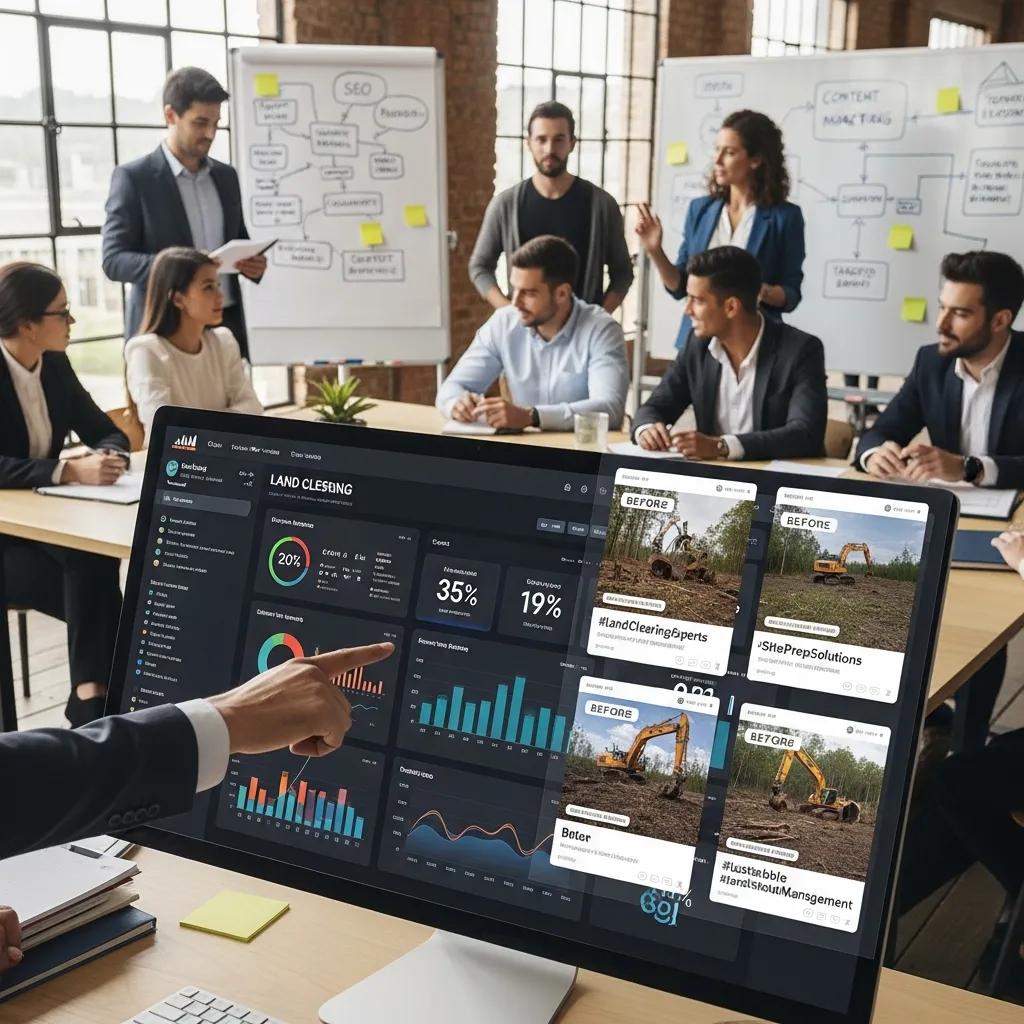 Team working through advanced marketing tactics for land clearing growth