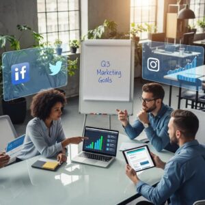 Digital marketing team collaborating in a modern office, emphasizing teamwork and strategy