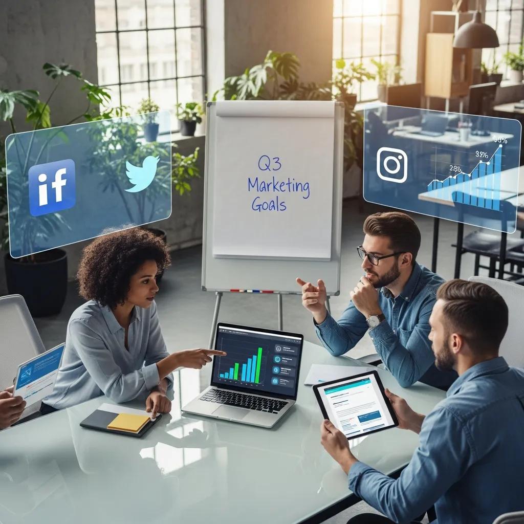 Digital marketing team collaborating in a modern office, emphasizing teamwork and strategy