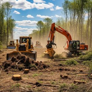 Land clearing machinery in action, showcasing the transformation of a wooded area