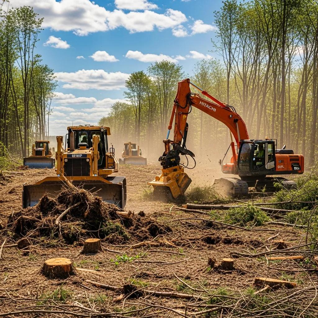Land clearing machinery in action, showcasing the transformation of a wooded area