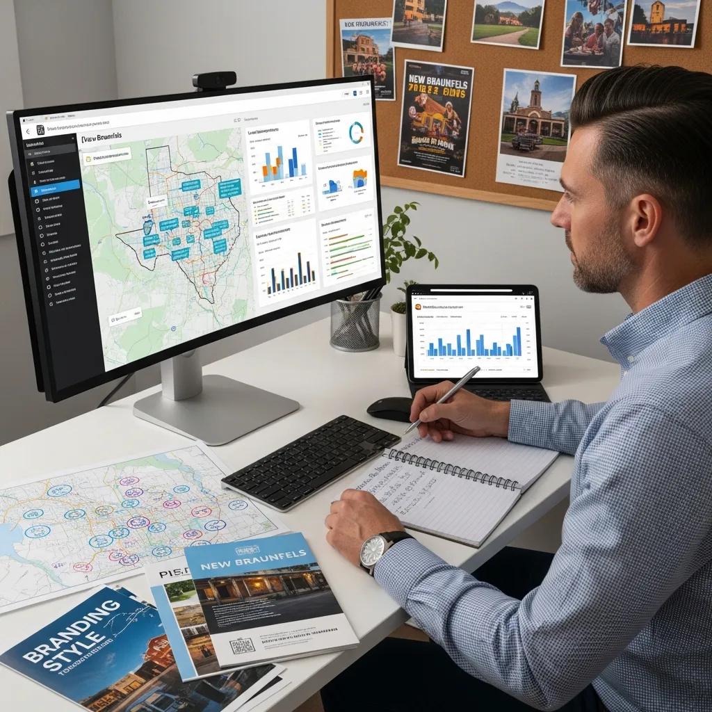 Marketing specialist reviewing local data and a New Braunfels map