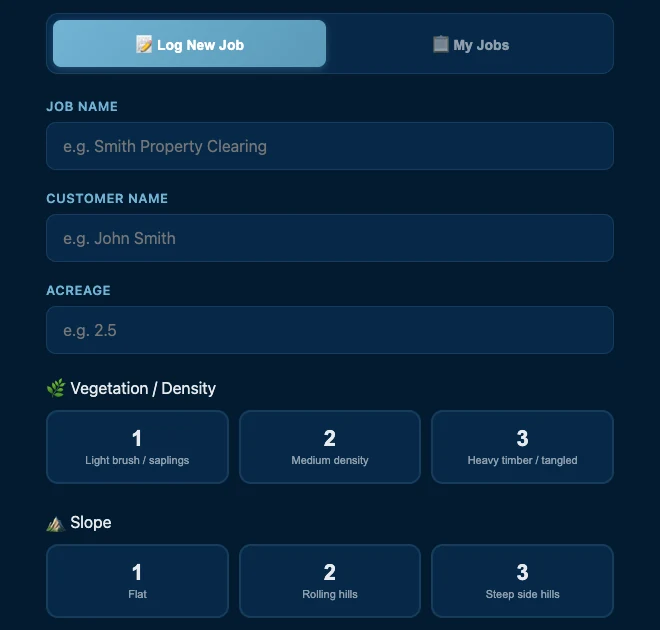 Cropped ClearPath production tracker interface with sample job, acreage, vegetation and slope fields